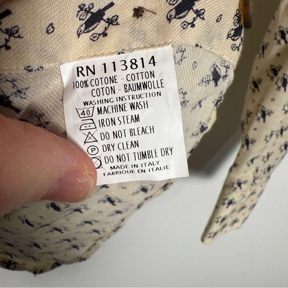 Billy Reid Italian Made Cotton Button Down Shirt XS | Cream Bird Print | NWOT - Picture 7 of 7